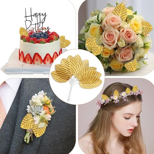 200 Pcs Artificial Gold Leaves with Stems for DIY Floral Crafts & Decor
