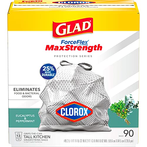 Glad Tall Kitchen Trash Bags 13 Gallon MaxStrength Drawstring Eucalyptus & Peppermint, 90 Count