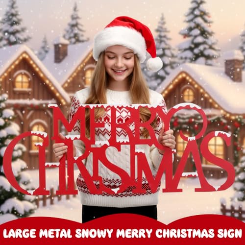 Large Snowy Metal Merry Christmas Wall Sign - 36x12 Inch Holiday Door Decor
