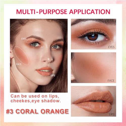 3-in-1 Cream Blush Stick - Waterproof Natural Tinted Makeup for Cheeks, Lips and Eyes #03 Coral Orange