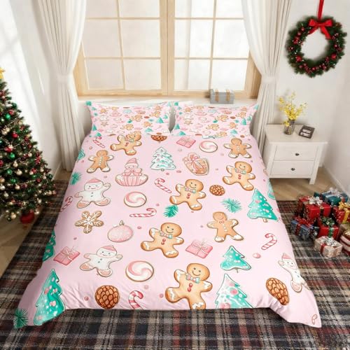 Pink Gingerbread Man Duvet Cover Set Twin No Comforter - Christmas Bedroom Decor