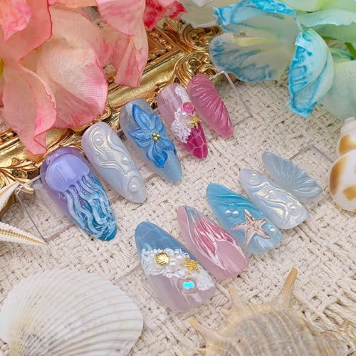 GUAACCB Medium Almond Press on Nails Summer Beach Fake Nails