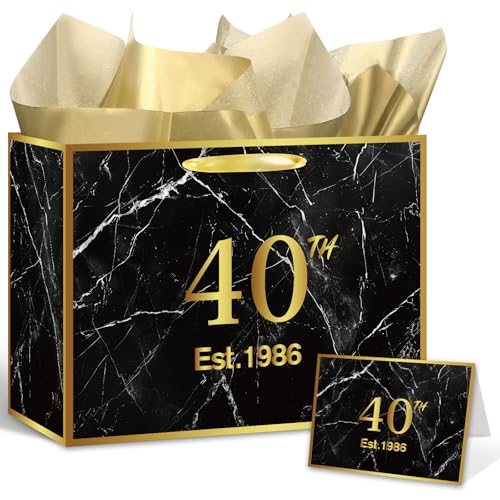 Yoirrat Black Gold 40th Birthday Gift Bag with Tissue Paper and Card
