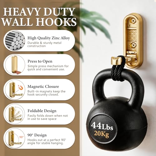 CHAFURIO Folding Wall Hooks - Gold Heavy Duty Coat Hooks (2 Pack)