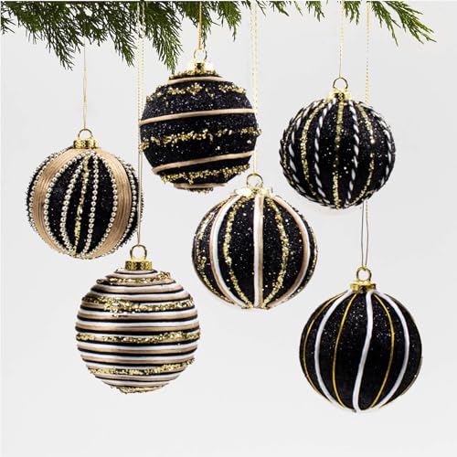 Black and Gold Christmas Ornament Set - 12 Shatterproof Holiday Decorations