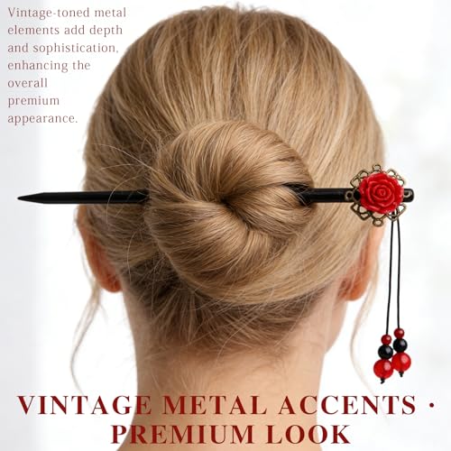 Wooden Hair Sticks 2-Piece Set - Retro Floral Bead Hairpins for Women