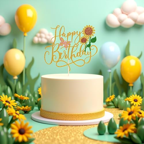 Gold Glitter Sunflower Cake Topper for Birthdays & Baby Showers
