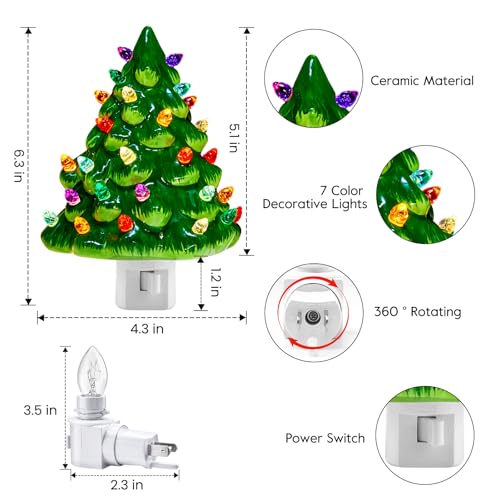 Brightown Ceramic Christmas Tree Night Light - 2 Pack 6" Christmas Decorative Ceramic Tree with ON/Off Switch, Vintage Christmas Night Light for Bedroom Bathroom Porch Holiday Decor