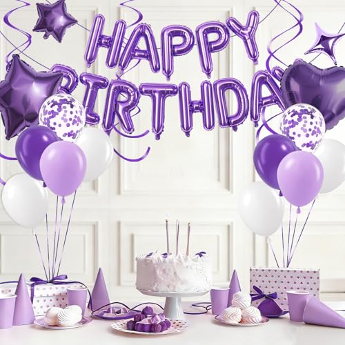 Purple Birthday Decorations Set with Happy Birthday Banner & Foil Balloons