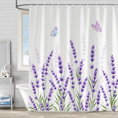Lavender Floral Shower Curtain - 70x70 inch Polyester Bathroom Decor Set with Hooks
