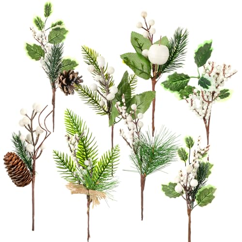 Elegant 24 Pcs Christmas Floral Picks Snowy Pine Cones Holly Greenery Holiday Decor