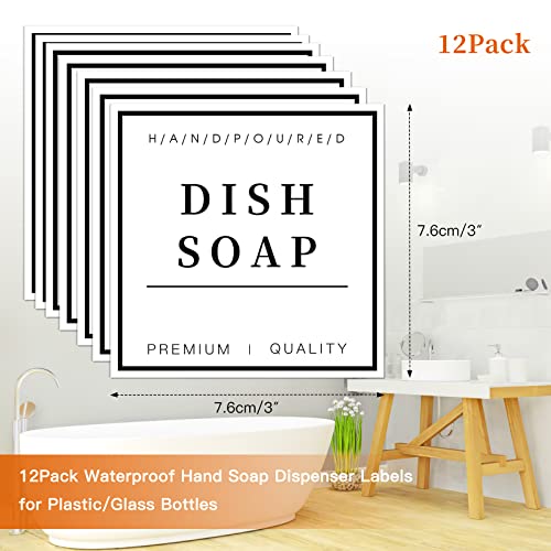TESWEY 12PCS Waterproof Minimalist Soap Dispenser Labels for Bathroom