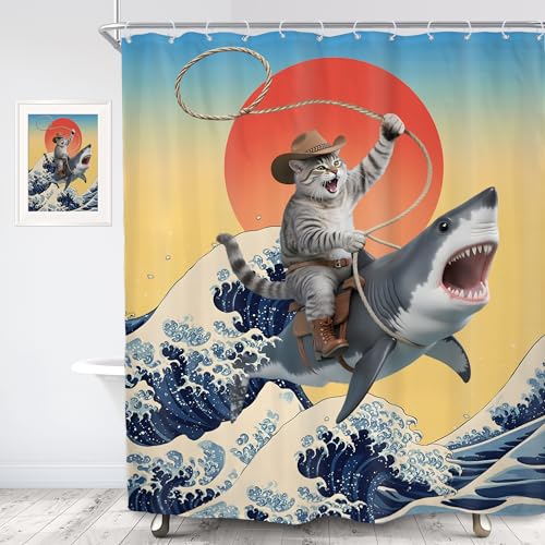 Funny Cat Shower Curtain Set - Cute Cartoon Ocean Design, 60"x72" (Pack of 12)