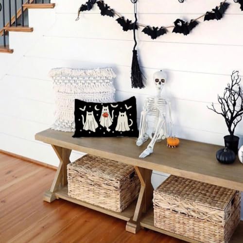 PANDICORN Halloween Throw Pillow Cover 12x20 Cute Ghost Cat - Black