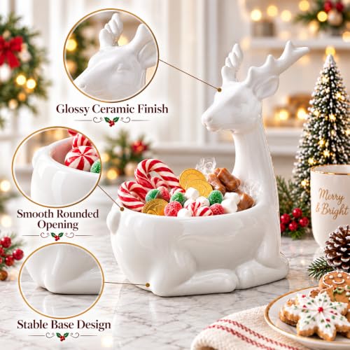 Christmas Reindeer Ceramic Candy Bowl White Reindeer - Holiday Table Decor