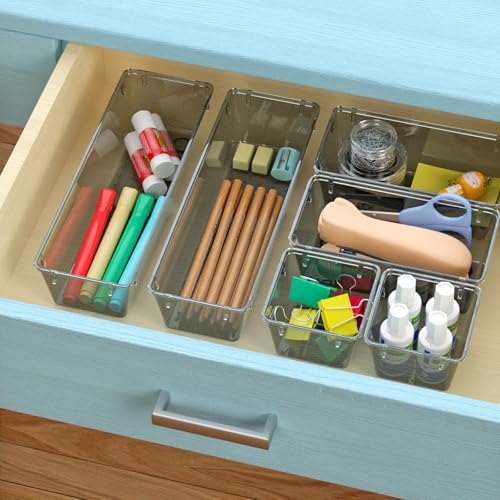 WOWBOX 6 Pack Black Clear Drawer Organizer Set - Stackable Storage Bins