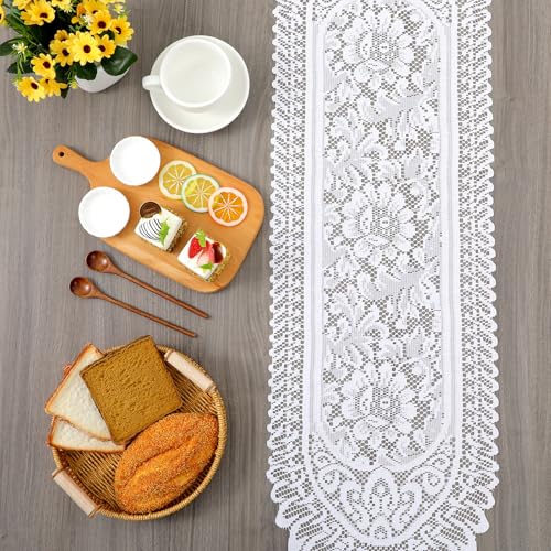 Vintage Floral Lace Table Runner - 45" x 13" Crochet Dresser Scarf