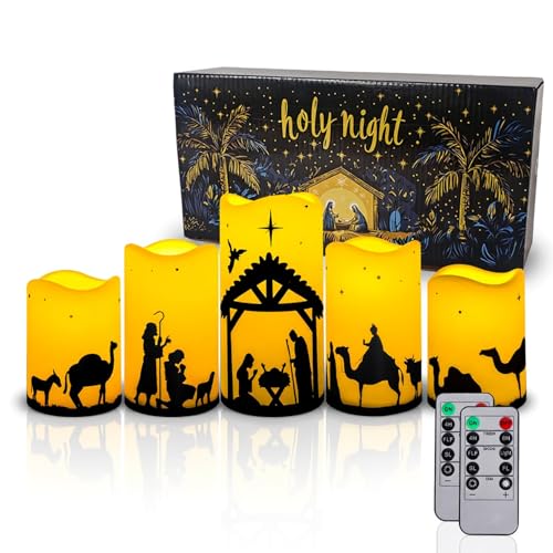 Nativity Scene Candles with Remote Control - 5 Pcs Flameless Christmas Decor with Timer