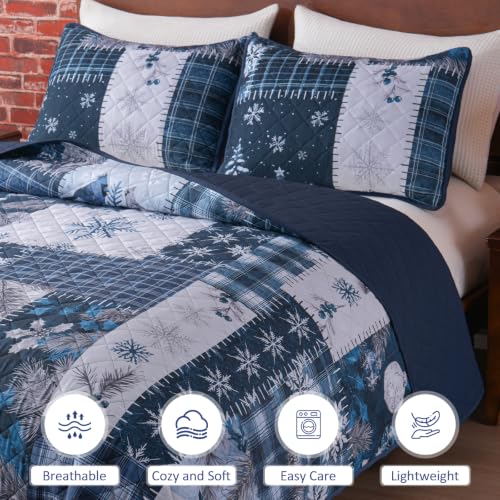 King Size Reversible Christmas Quilts Set with Holiday Tree & Holly Berry - Blue, 3 Piece