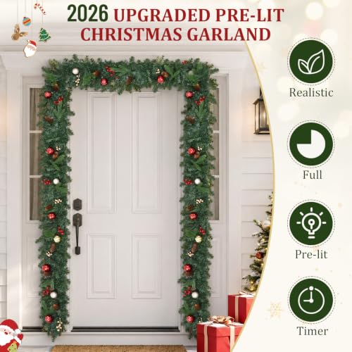 Prelit Christmas Garland with Lights - 9 FT Faux Evergreen Wreath with 50 LEDs, Berries & Pinecones, Indoor Decor, 1 Pack