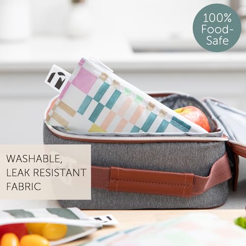 Bumkins Reusable Snack Bags for Kids & Adults - Green Stripe & Multi Check - 2-Pack