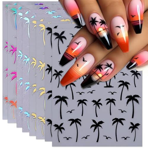IDDFEVE Summer Palm Tree Nail Art Stickers - Sunset Coconut Tree Self-Adhesive Decals