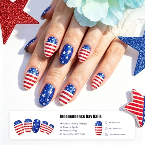 4th of July Short Almond Press on Nails Star Stripe Fake Nails