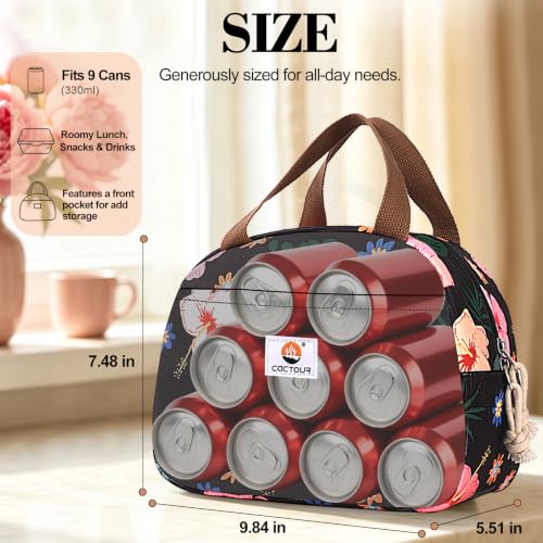 CaCTOUR Insulated Corduroy Lunch Bag - Small Flower Print Tote for Women