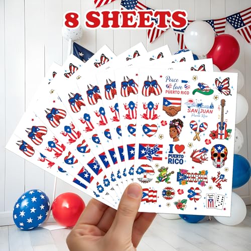 Puerto Rico Temporary Tattoos - 8 Sheets 200+ Flag Stickers
