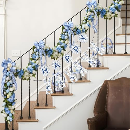 Chinoiserie Easter Banner with Velvet Ribbon - Blue & White Floral Decor