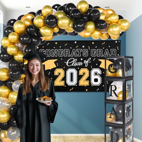 Class of 2026 Black and Gold Graduation Party Decoration Set with Arch Kit
