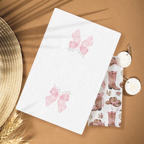 Coquette Pink Bow Kitchen Towels Set of 2 - Rustic Cowgirl Design