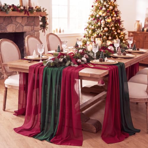 Christmas Chiffon Table Runners - Burgundy and Green, 6 Pieces