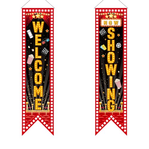 Movie Night Porch Banners - 2 pcs Welcome & Now Showing Signs, 47.2x11.8 Inch