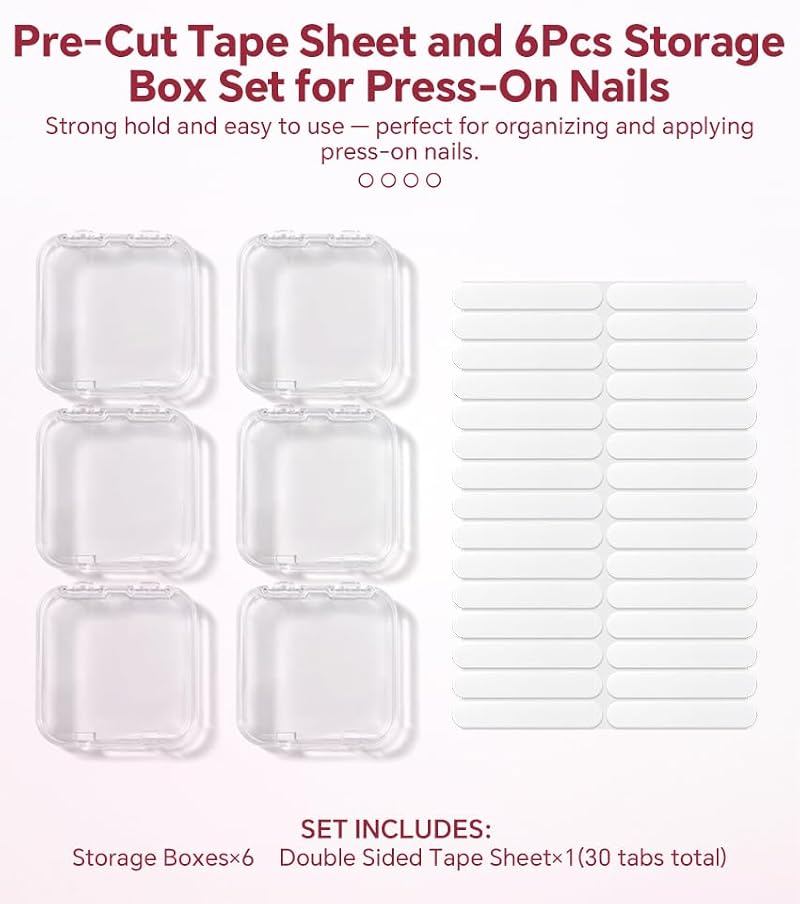 KADS 6-Pack Clear Nail Storage Boxes with Pre-Cut Adhesive Tapes, Portable Organizer for Press-On & Gel Nails