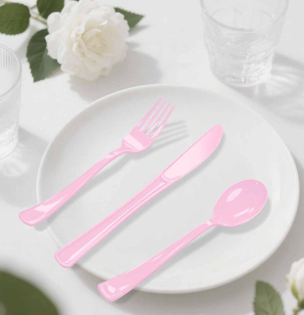 HEIPINIUYE 75 Pack Light Pink Plastic Cutlery Heavy Duty Baby Pink Plastic Knives Forks and Spoons Disposable Silverware Set for 25 Guest Camping Birthday Baby Shower Party Cutlery Set
