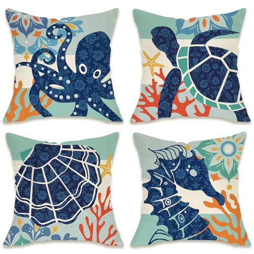 Fahrendom Under The Sea Throw Pillow Covers, 18x18 Marine Life, Set of 4