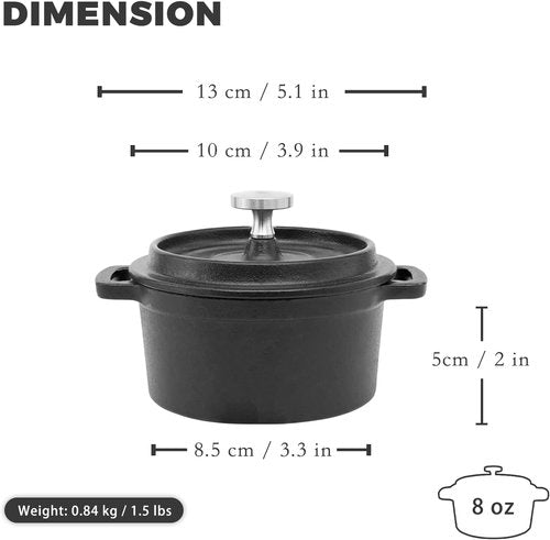 Flavehc Mini Cocotte | 8 oz Cast Iron Dutch Oven - Garlic Roaster Set of 2, Black