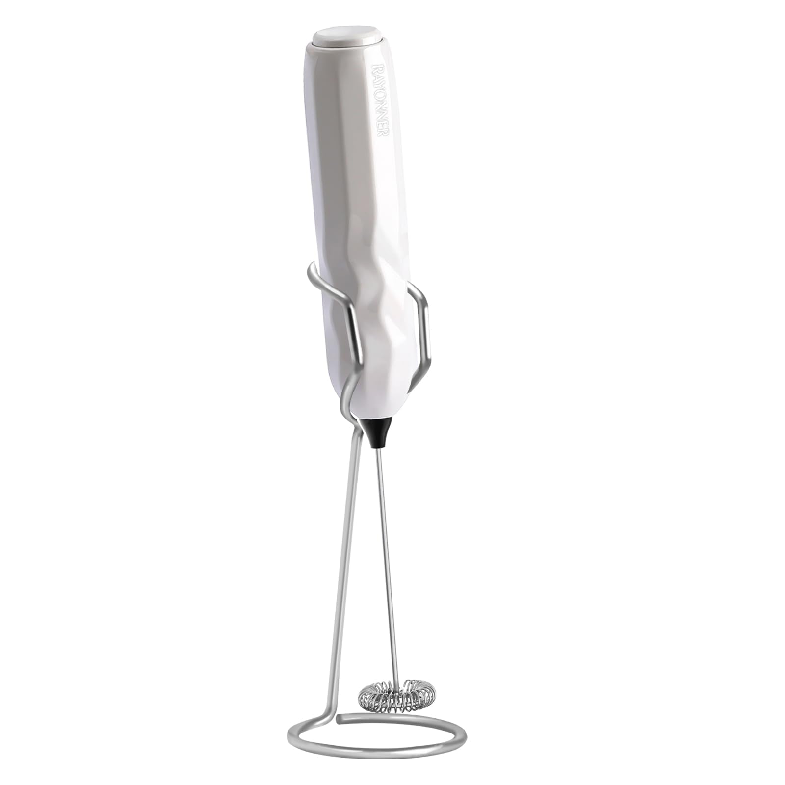 RAYONNER Milk Frother Handheld Fast Powerful Drink Mixer with Stainless Steel Whisk for Coffee, Battery Operated (White with Stand)