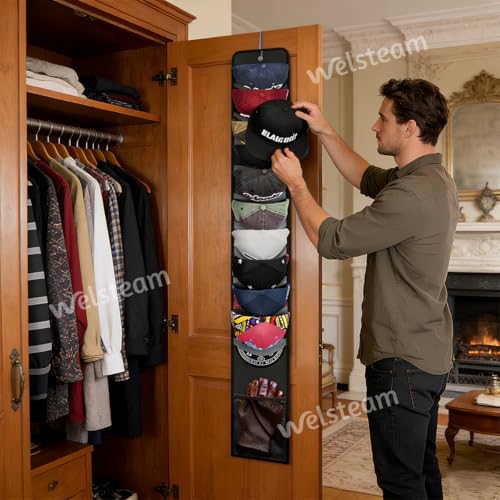 Welsteam Hat Organizer Rack for Baseball Caps, Over-the-Door Holder - Black 1 Row