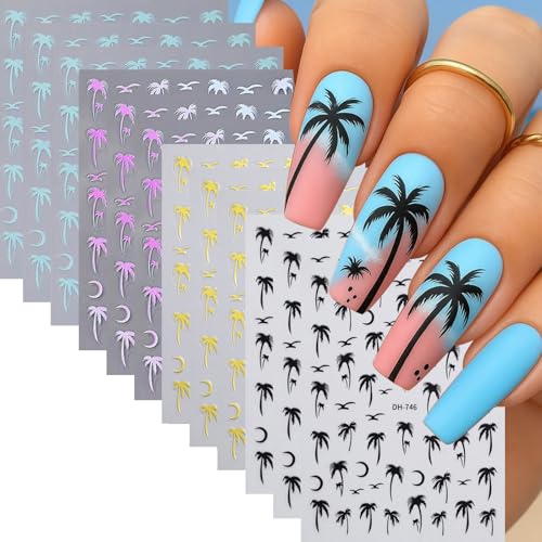 Beach Coconut Tree Nail Art Stickers - 12 Sheets Summer Tropical Decals