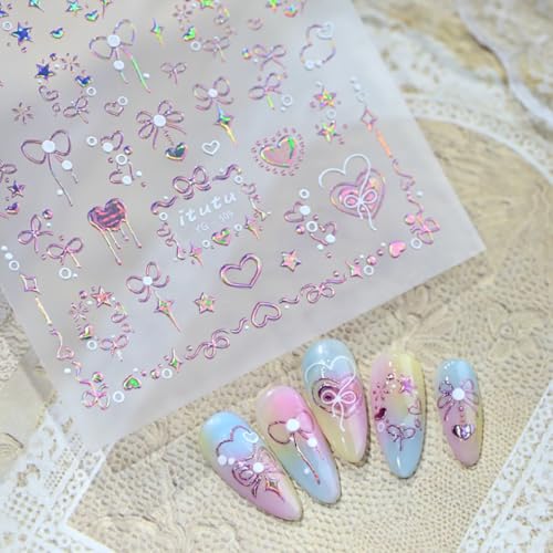5D Embossed Pink Nail Stickers Self-Adhesive Heart Bow Nail Art Decals