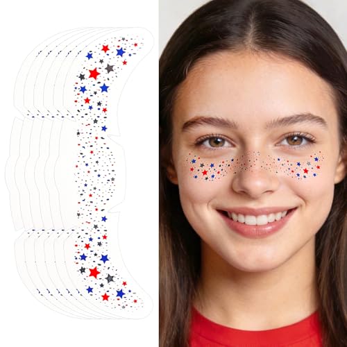 Patriotic Glitter Freckles Face Tattoos, Red White and Blue Sparkle 6 Sheets