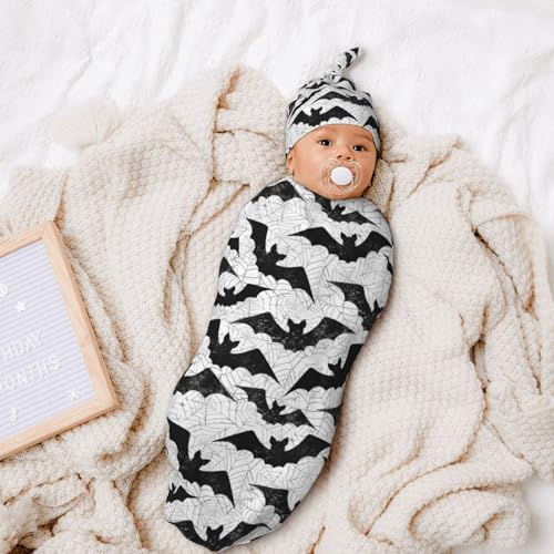 Black Bat Goth Swaddle Blanket Set with Beanie Hat for Newborns