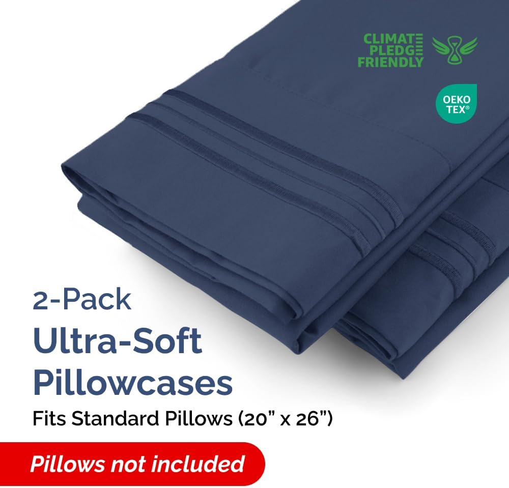 Standard Pillow Cases Set of 2 | Ultra-Soft Hotel Quality Covers - Comfy, Wrinkle-Free & Stain Resistant - Navy Blue