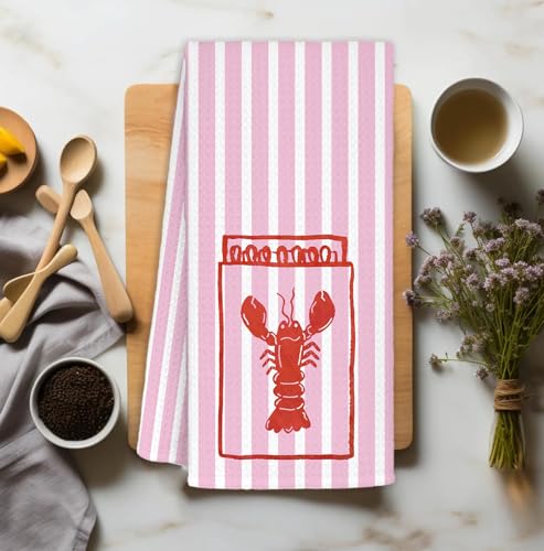 Coastal Beach Lobster Kitchen Towels - 16x24 Inch, Pink Striped