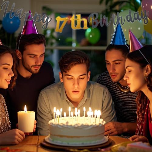 Happy 17th Birthday Banner - Pre-Strung Black and Gold Party Decoration
