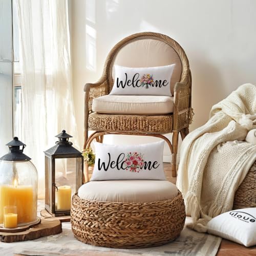 Welcome Floral Lumbar Pillow Cover, 12x20 Inch Watercolor Tulip Cushion Case