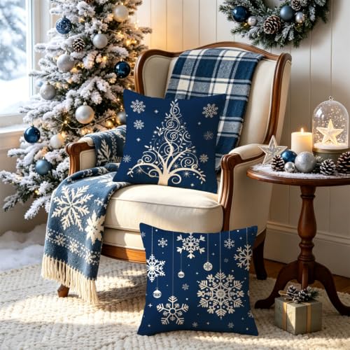 Blue Snowflake Pillow Covers Set of 4 20x20 Inches Christmas Home Decor