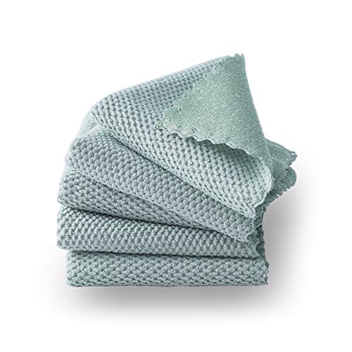 Xinrjojo Microfiber Dish Cloths with Scrub Side, 10x10 Inch, Jade, 5 Pack